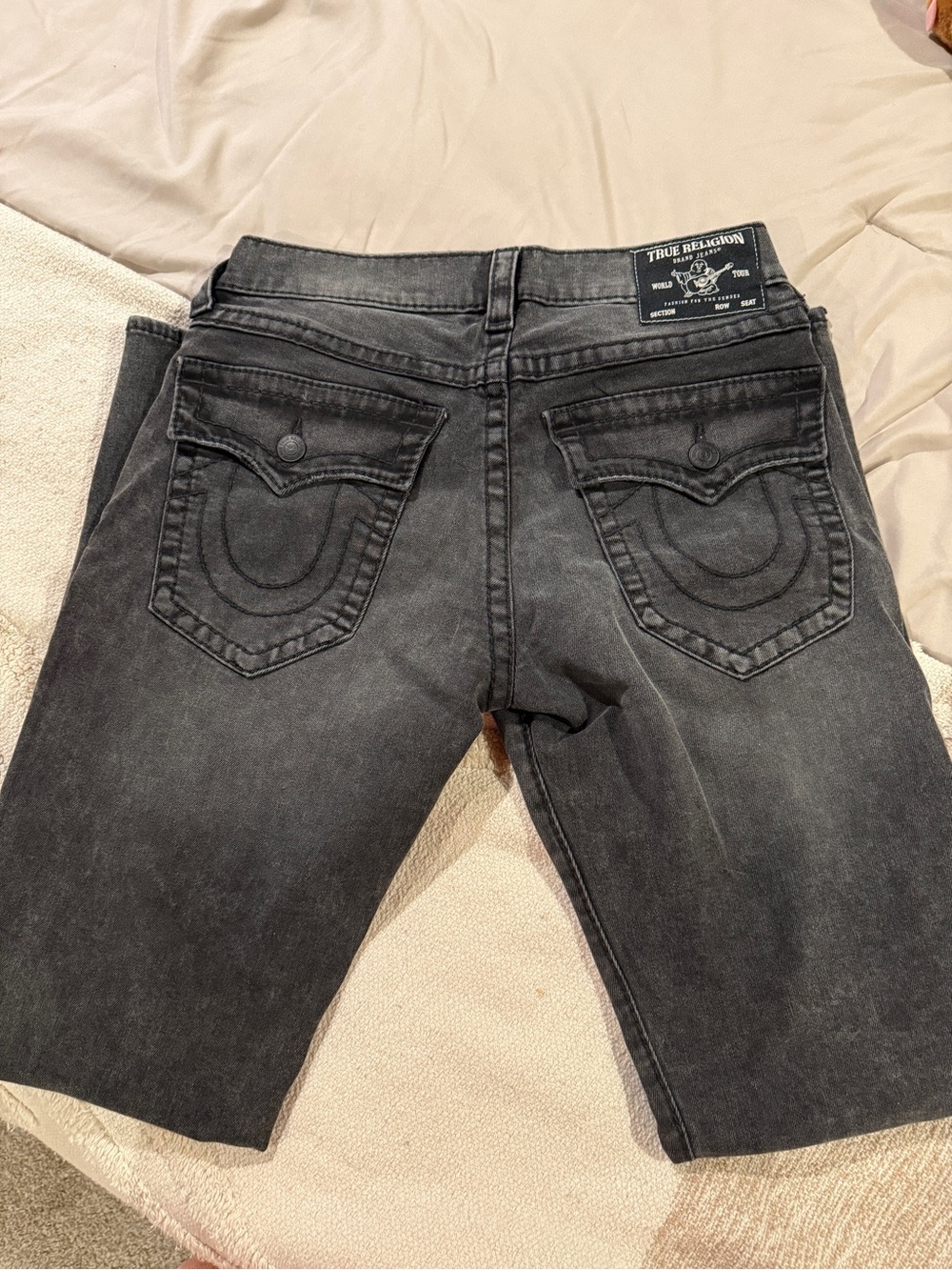 True Religion Men’s Washed Black Slim Jeans with Signature Pocket